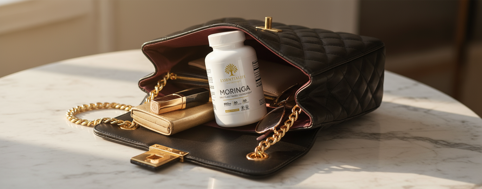 EssentiaLife moringa powder—minimalist studio shot on matte pedestal