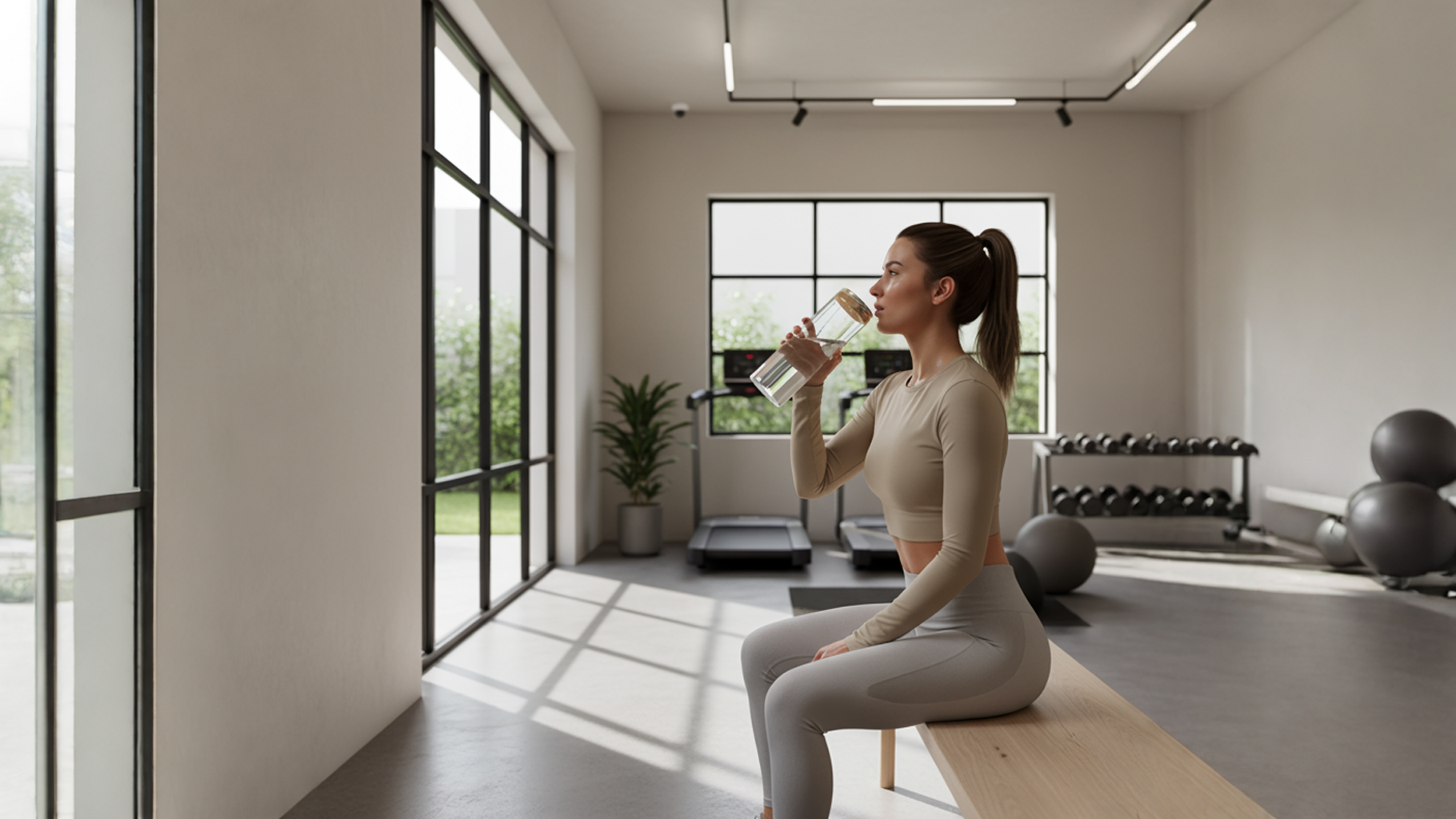 Adult rehydrating post‑workout in a boutique gym