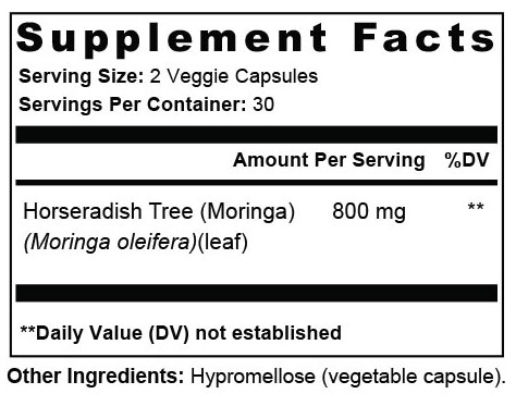 Moringa Supplement Facts — serving size 2 veggie capsules, 30 servings