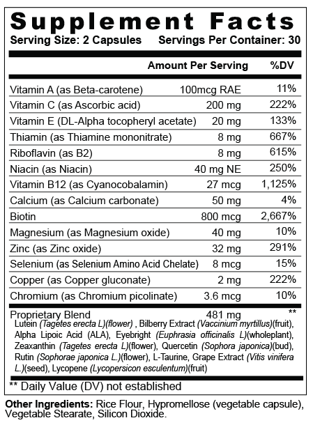 Eye Health Supplement Facts — serving size 2 capsules, 30 servings