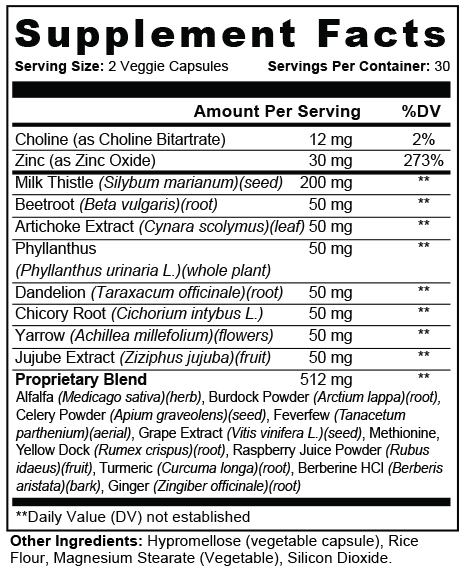 Liver Care Supplement Facts — serving size 2 capsules, 30 servings