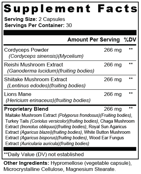 Mushroom 10X Supplement Facts — serving size 2 capsules, 30 servings