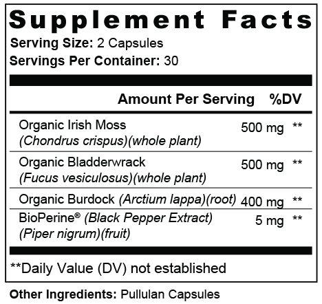 Sea Moss Supplement Facts — serving size 2 capsules, 30 servings