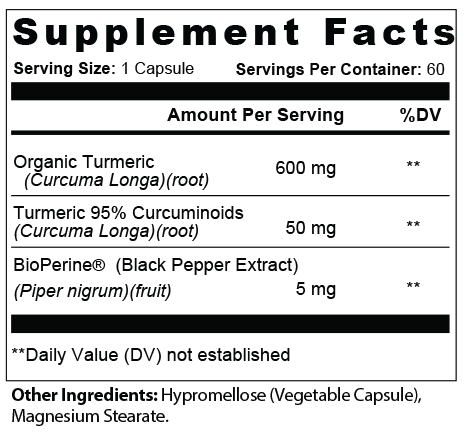 Turmeric Supplement Facts — serving size 1 capsule, 60 servings
